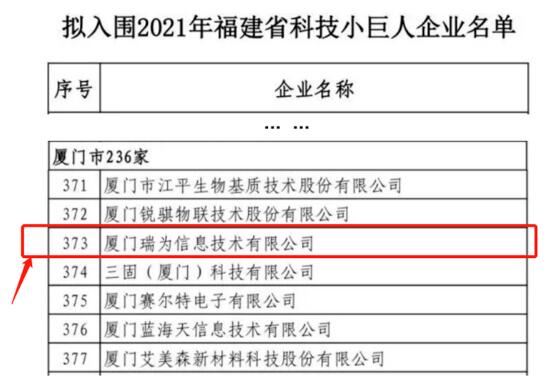 贊！瑞為技術(shù)入圍2021福建省科技小巨人企業(yè)名單